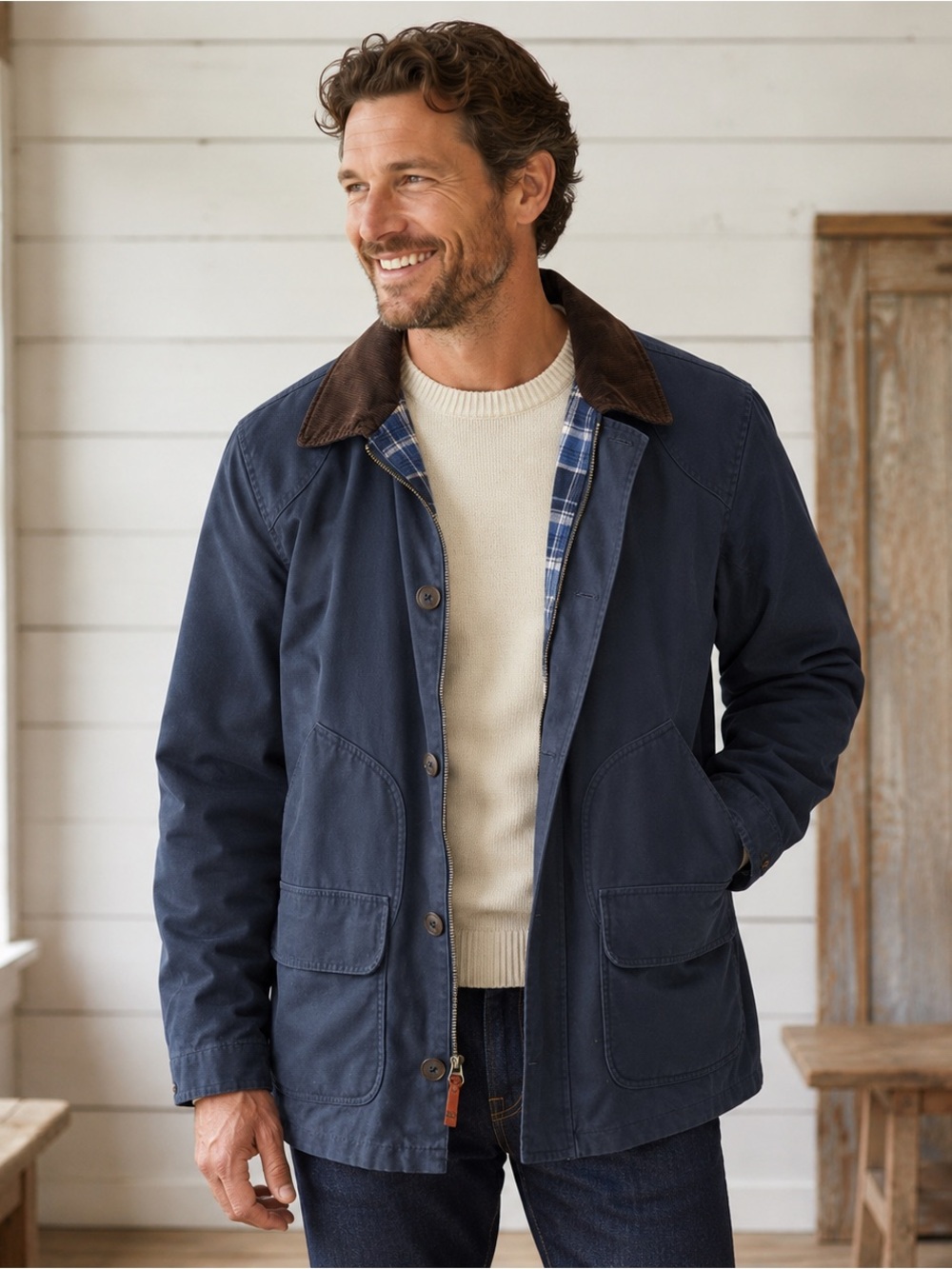 Lands’ End L Navy Barn Coat Corduroy Collar